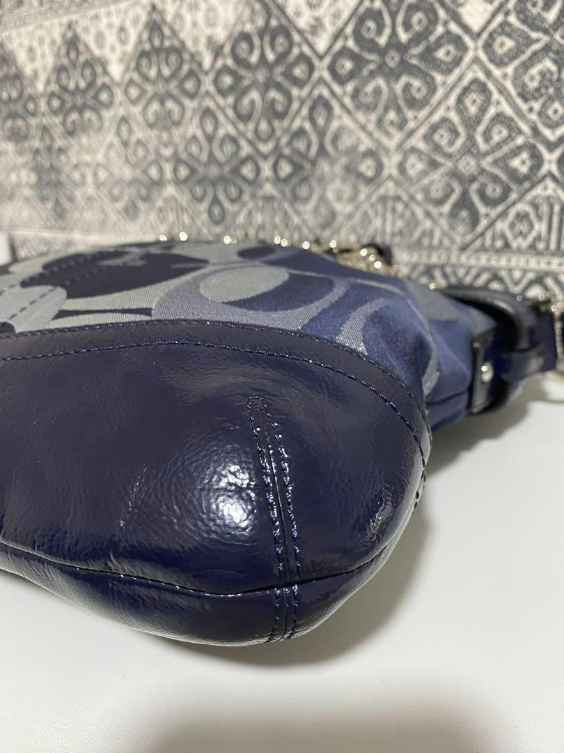 COACH Shoulder Bag Purse Signature Canvas Patent Leather Navy Authentic