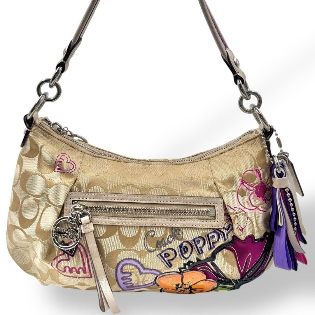 COACH Shoulder Bag Purse Signature Canvas Beige Authentic