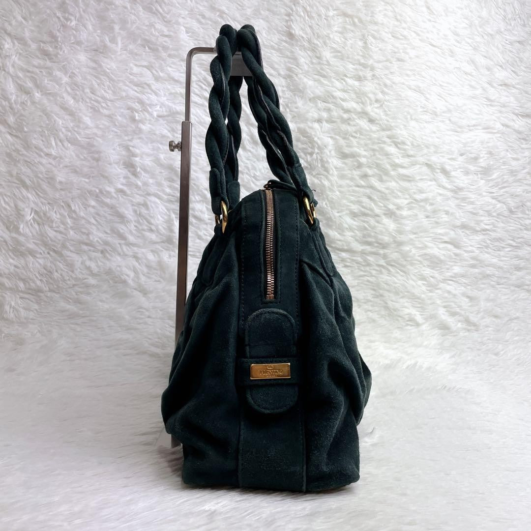 Valentino Garavani Hand Bag Tote Purse Suede Velour Leather Green Authentic