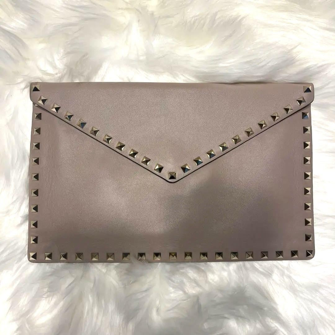 Valentino Clutch Bag Second Bag Studs Pink Beige Greige Authentic
