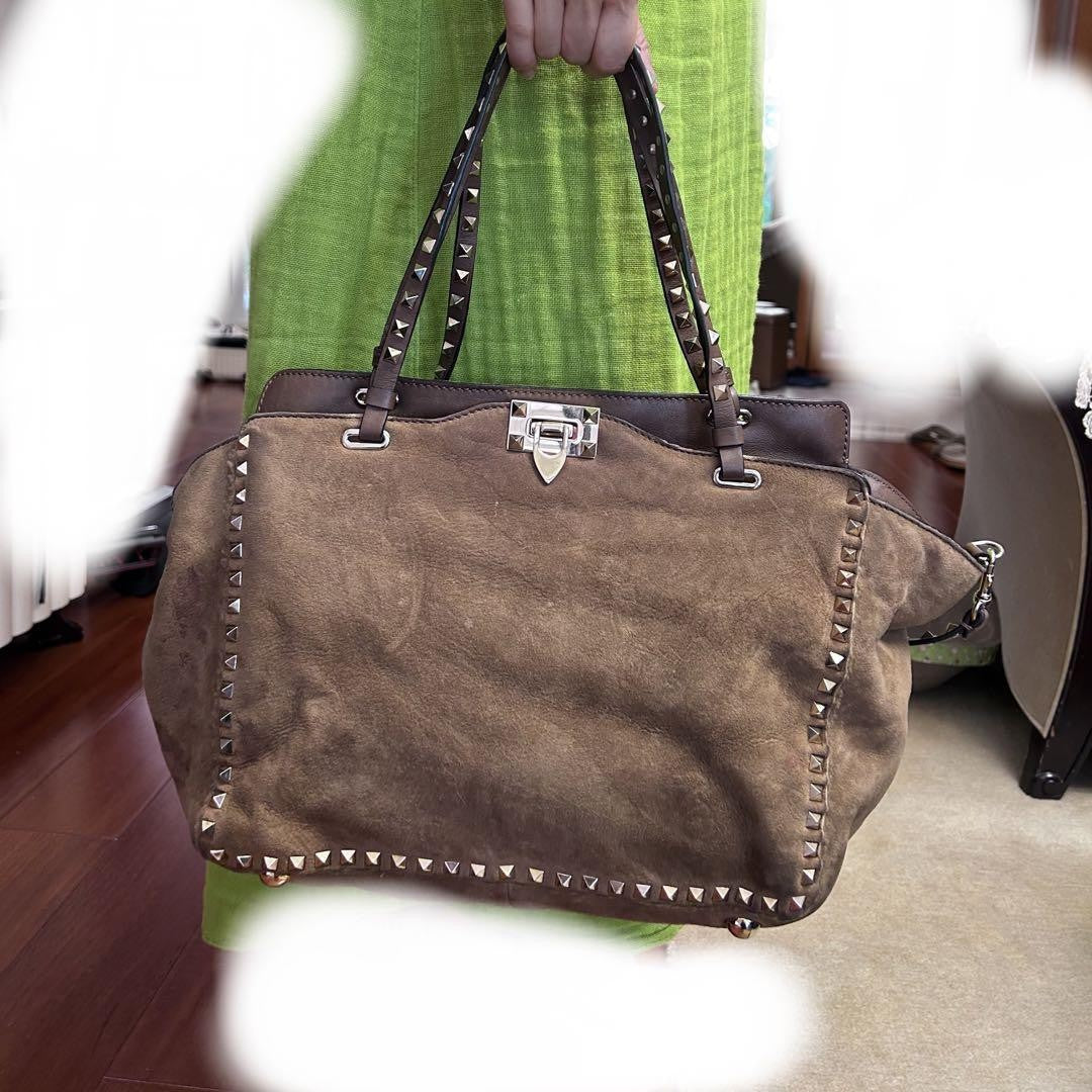Valentino Hand Bag Tote Purse Studs Suede Brown Authentic