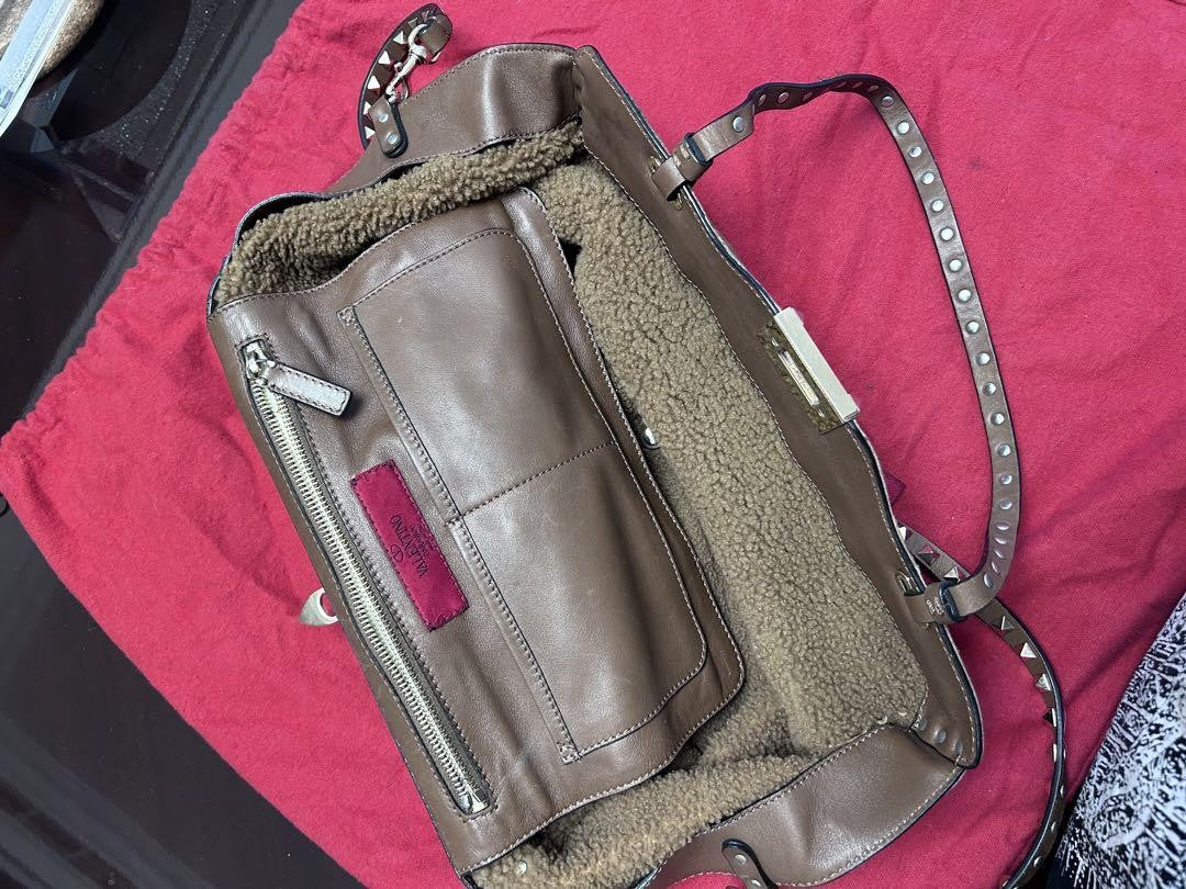 Valentino Hand Bag Tote Purse Studs Suede Brown Authentic