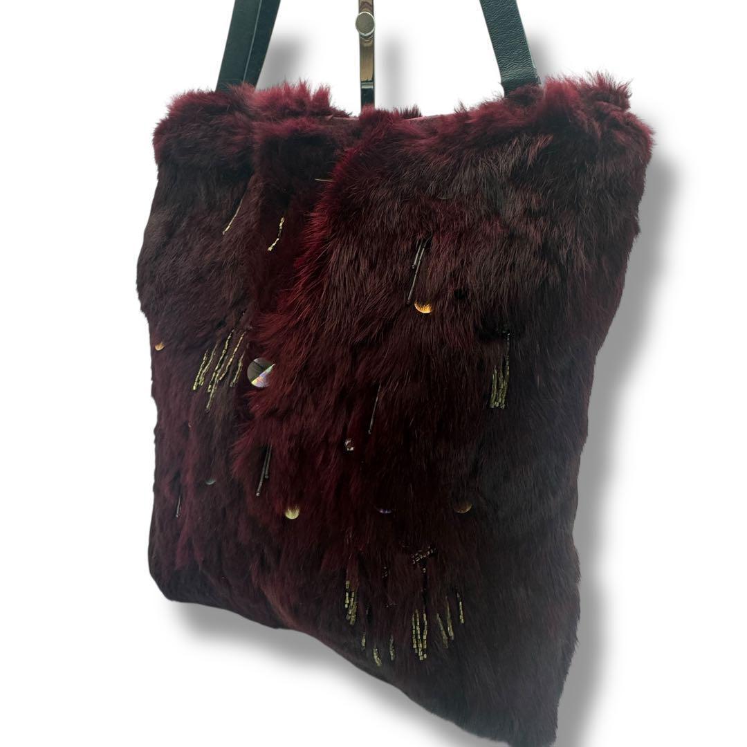 GIVENCHY Hand Bag Tote Purse Jeweled Tote Rabbit Fur Trim Purple Black Authentic