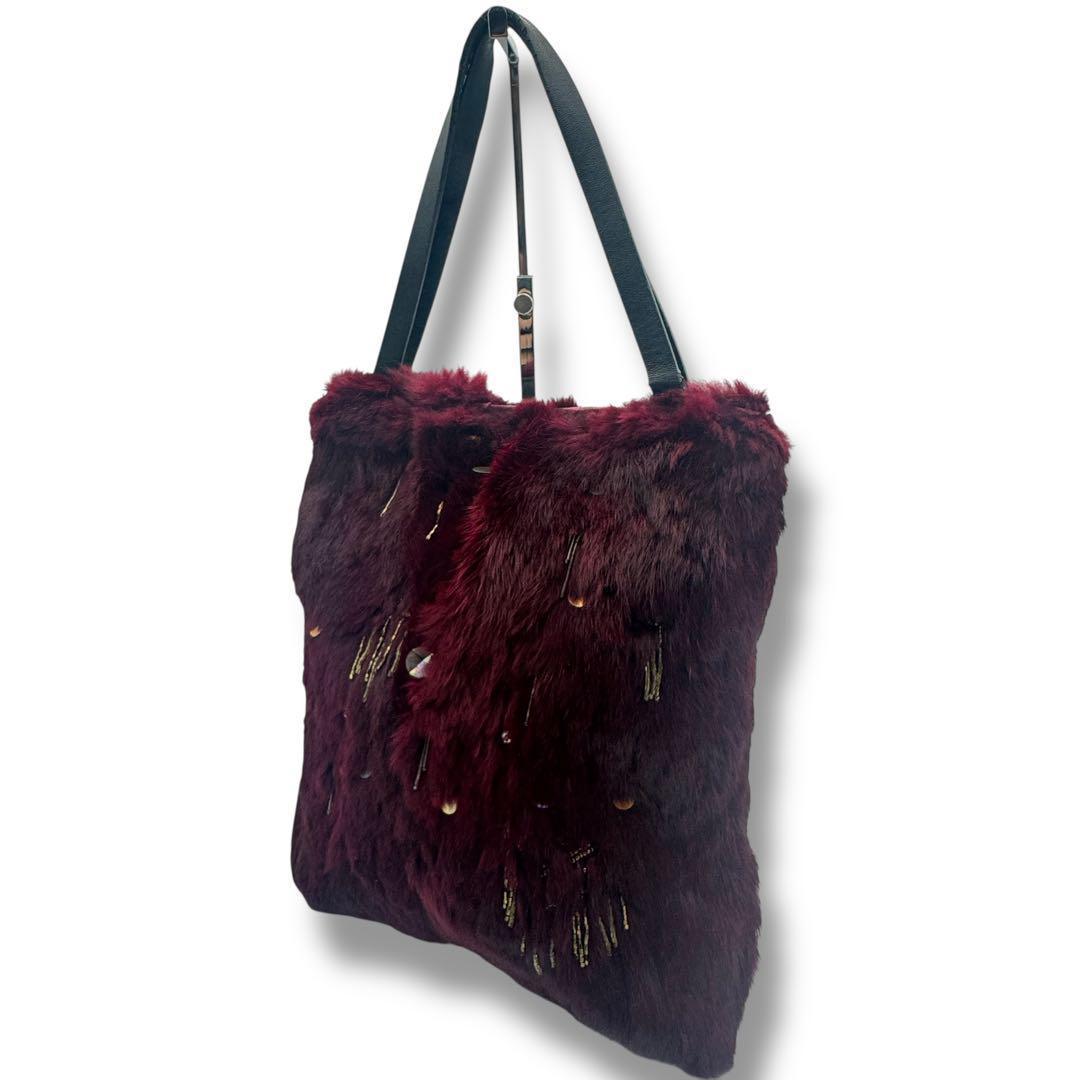GIVENCHY Hand Bag Tote Purse Jeweled Tote Rabbit Fur Trim Purple Black Authentic