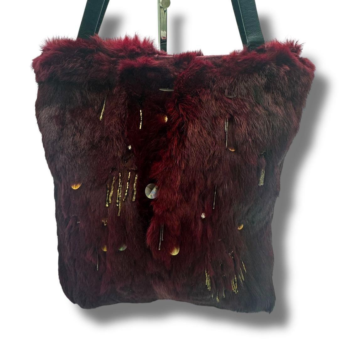 GIVENCHY Hand Bag Tote Purse Jeweled Tote Rabbit Fur Trim Purple Black Authentic