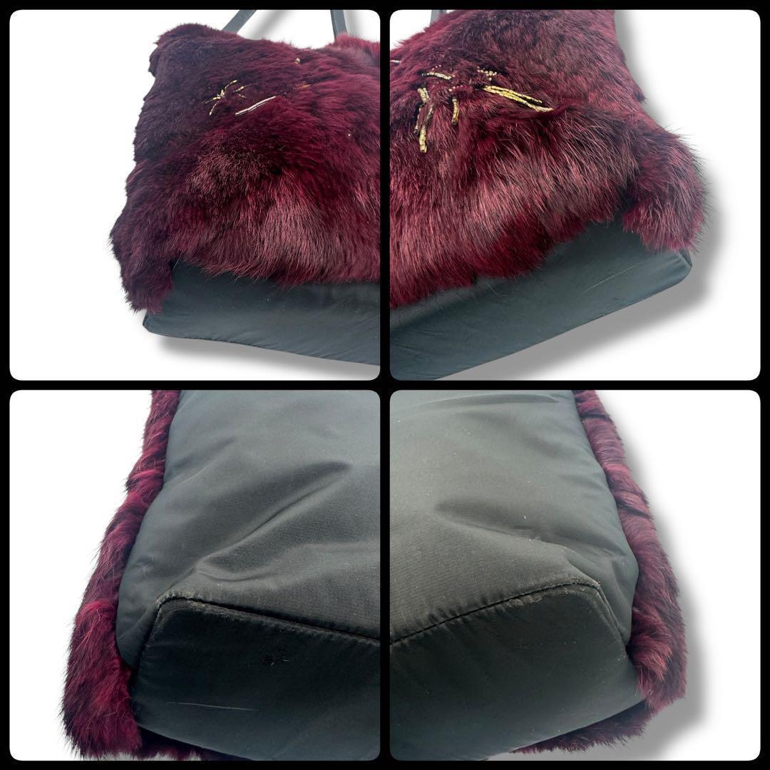 GIVENCHY Hand Bag Tote Purse Jeweled Tote Rabbit Fur Trim Purple Black Authentic