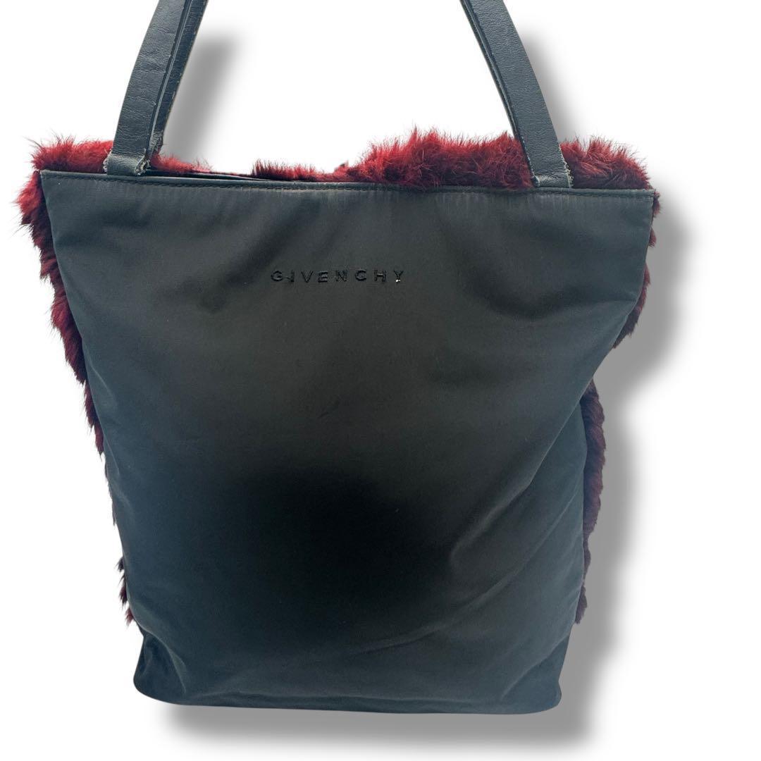 GIVENCHY Hand Bag Tote Purse Jeweled Tote Rabbit Fur Trim Purple Black Authentic