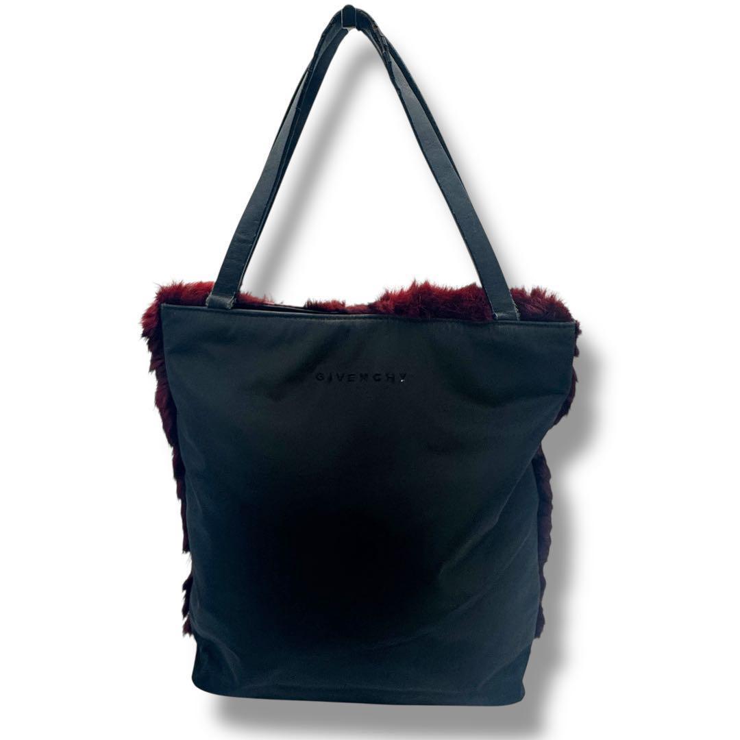 GIVENCHY Hand Bag Tote Purse Jeweled Tote Rabbit Fur Trim Purple Black Authentic