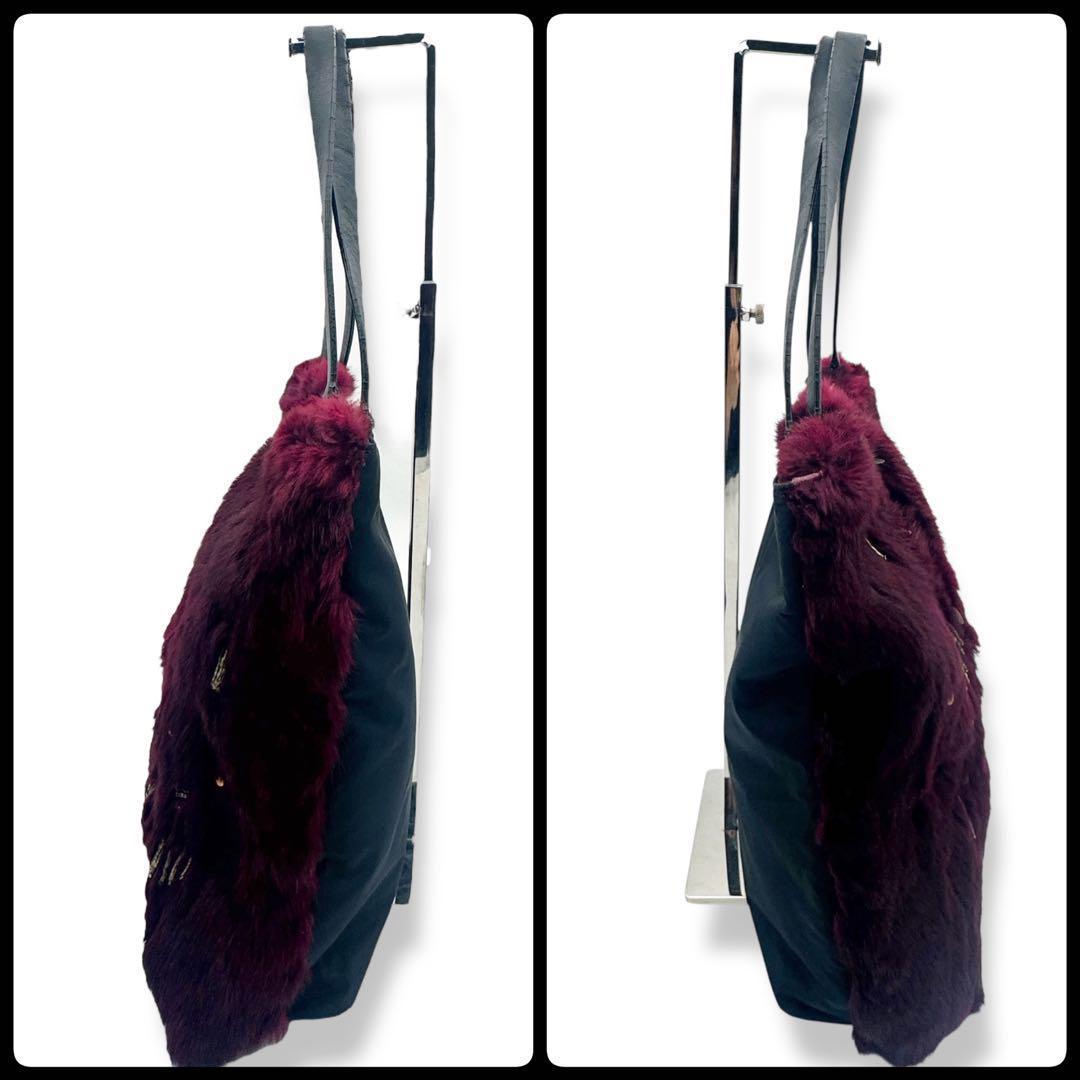 GIVENCHY Hand Bag Tote Purse Jeweled Tote Rabbit Fur Trim Purple Black Authentic