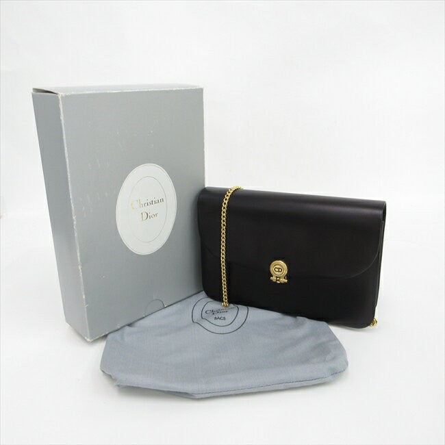 Christian Dior Shoulder Bag Purse CD Chain Leather Black Authentic