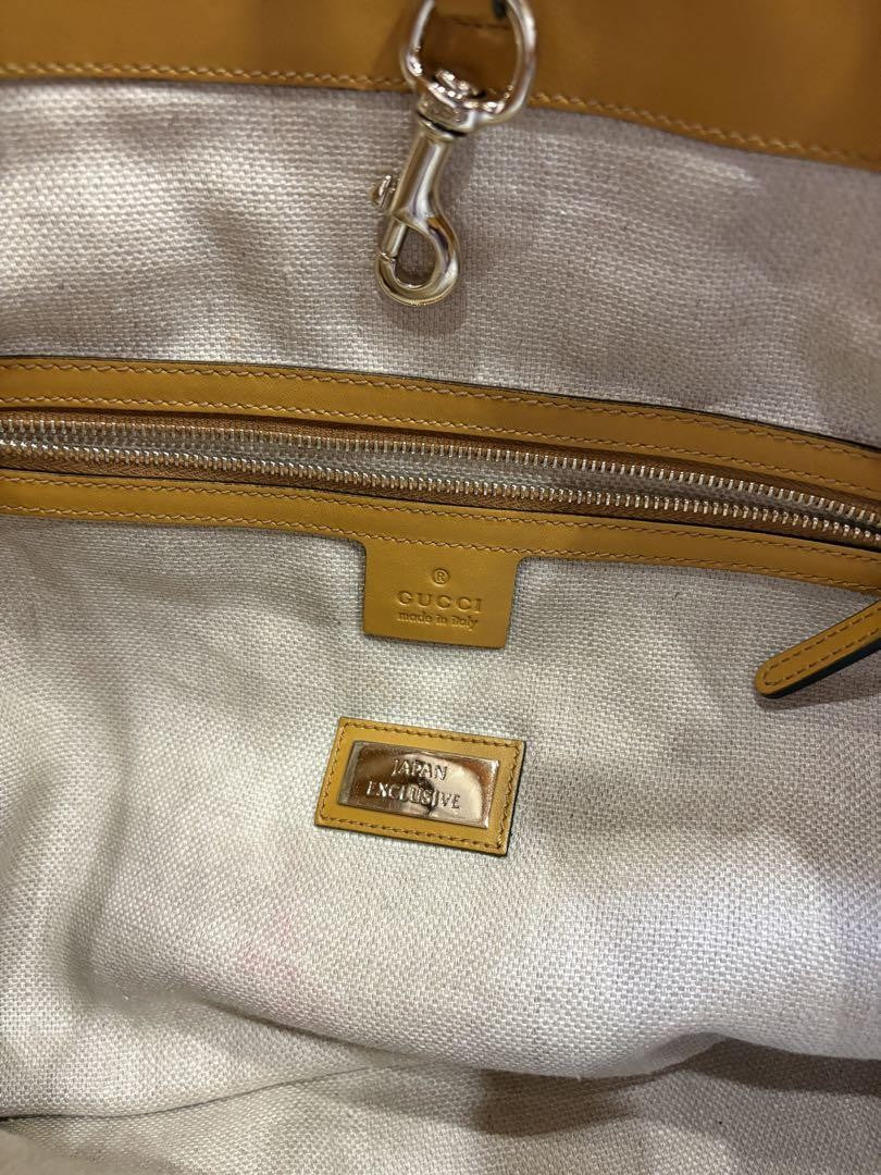GUCCI Hand Bag Tote Purse Logo Canvas Leather White Yellow Authentic
