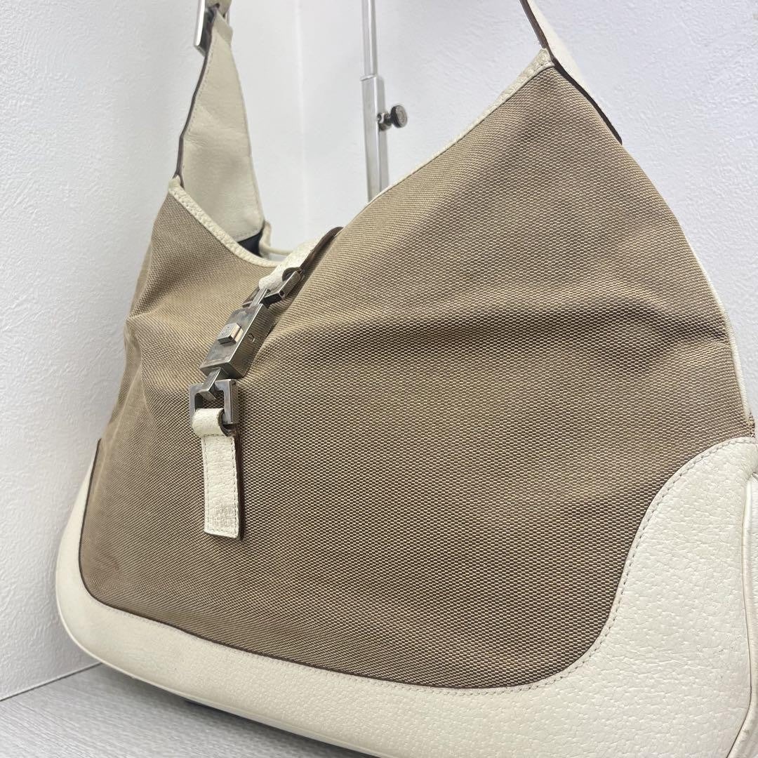 GUCCI Hand Shoulder Bag Tote Purse Canvas Leather Beige White Authentic