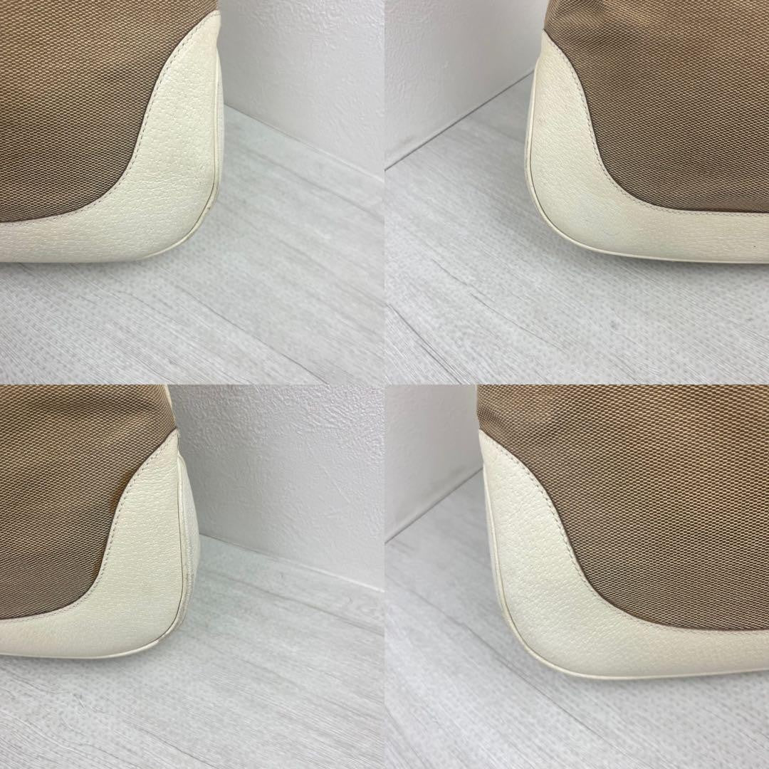 GUCCI Hand Shoulder Bag Tote Purse Canvas Leather Beige White Authentic