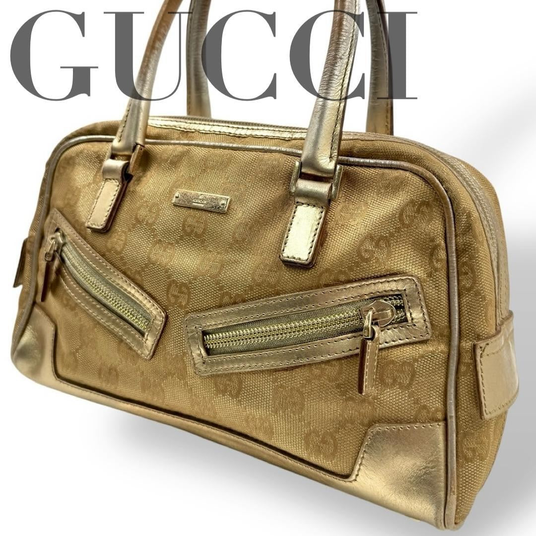 GUCCI Hand Bag Tote Purse Mini Boston GG Canvas Leather Gold Authentic