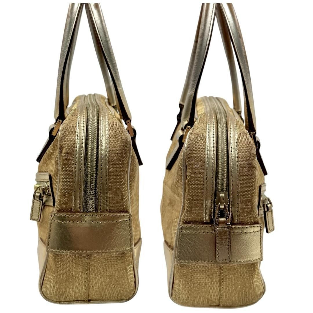 GUCCI Hand Bag Tote Purse Mini Boston GG Canvas Leather Gold Authentic