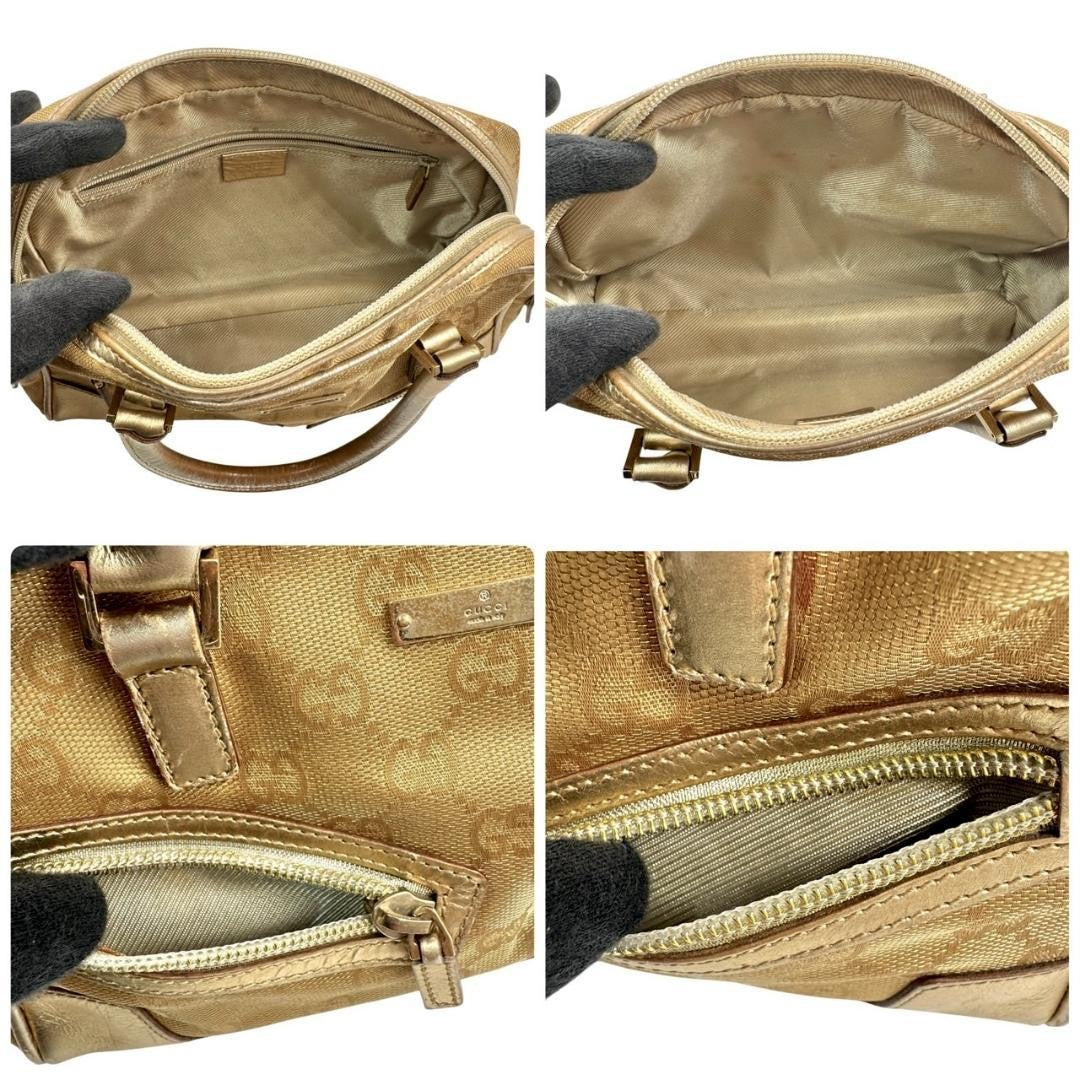 GUCCI Hand Bag Tote Purse Mini Boston GG Canvas Leather Gold Authentic