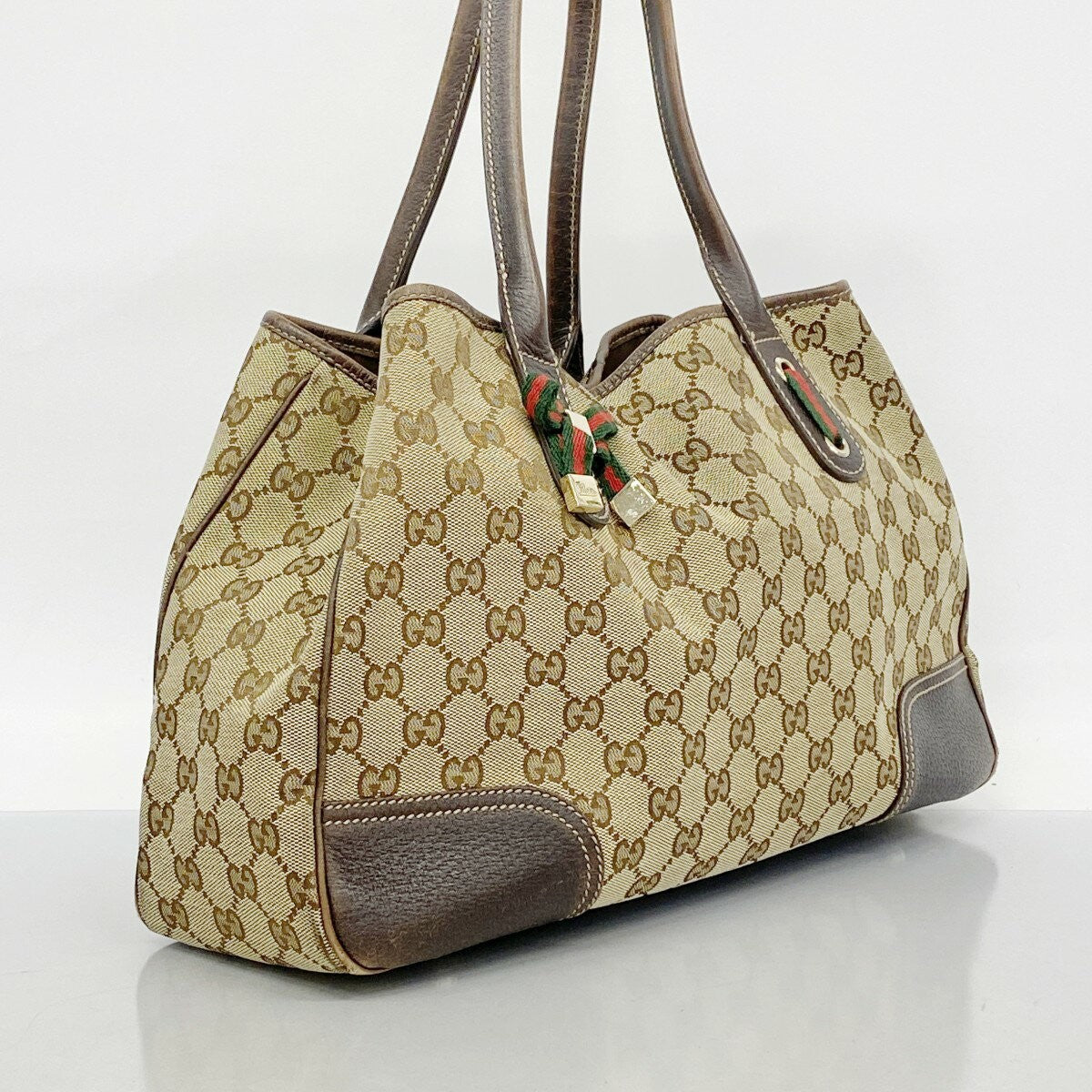 GUCCI Hand Bag Tote Purse Sherry Line GG Canvas Brown Authentic