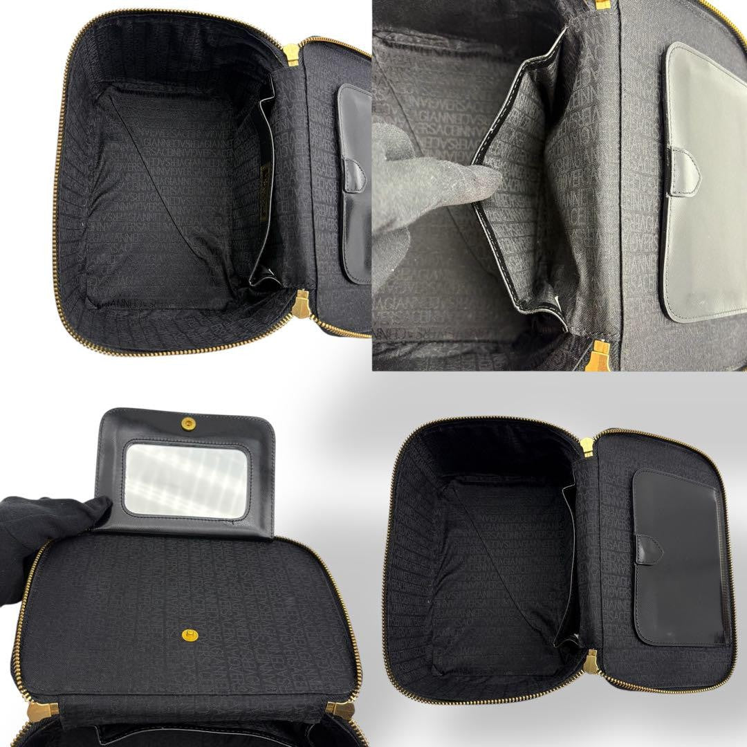 VERSACE Vanity Hand Bag Tote Purse Sunburst Leather Black Authentic