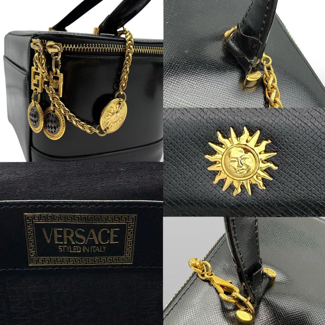 VERSACE Vanity Hand Bag Tote Purse Sunburst Leather Black Authentic