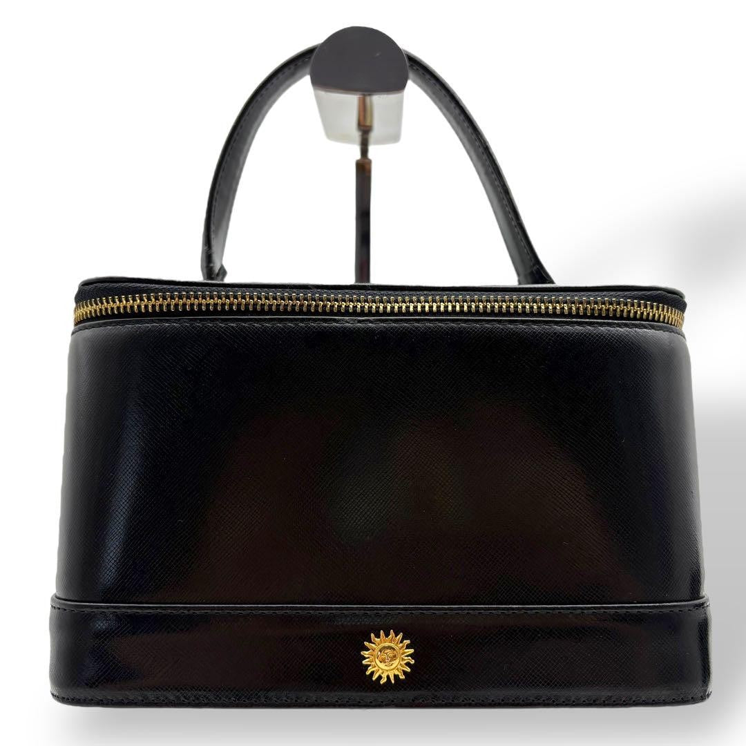 VERSACE Vanity Hand Bag Tote Purse Sunburst Leather Black Authentic