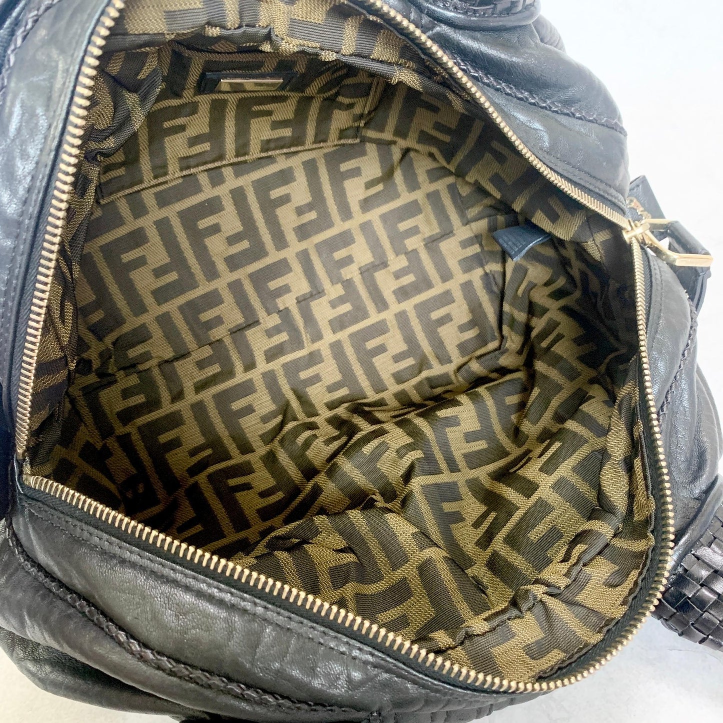 FENDI Bag Spy FF Zucca Hand Tote Purse Leather Black Gold Used Authentic