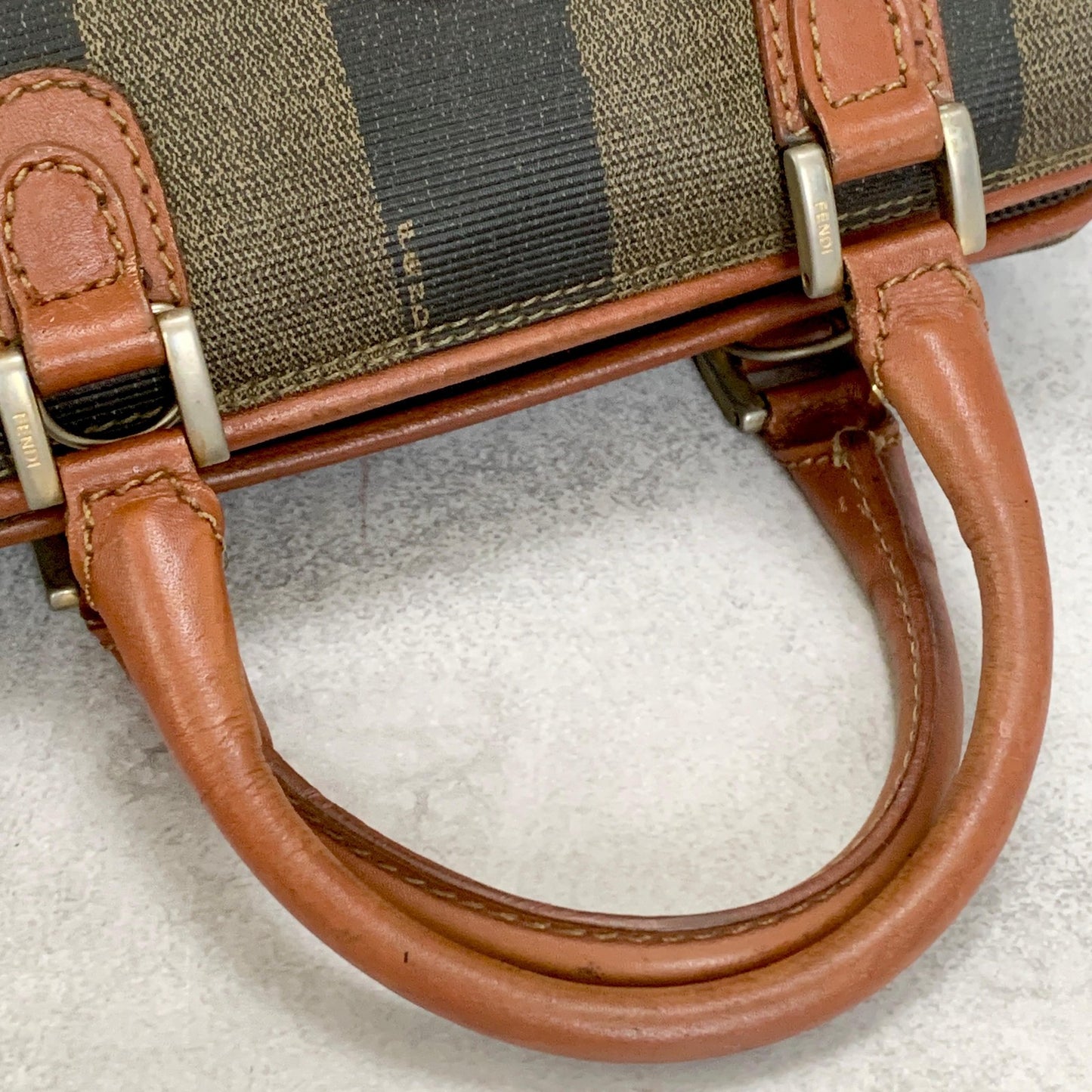 FENDI Hand Bag Pecan Mini Boston Tote Purse Leather Brown Silver Authentic