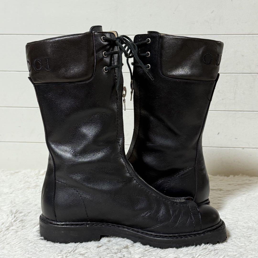 GUCCI Front zip Boots Shoes EU 36 US 6 Leather Black Authentic