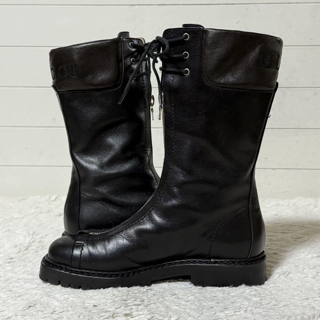 GUCCI Front zip Boots Shoes EU 36 US 6 Leather Black Authentic