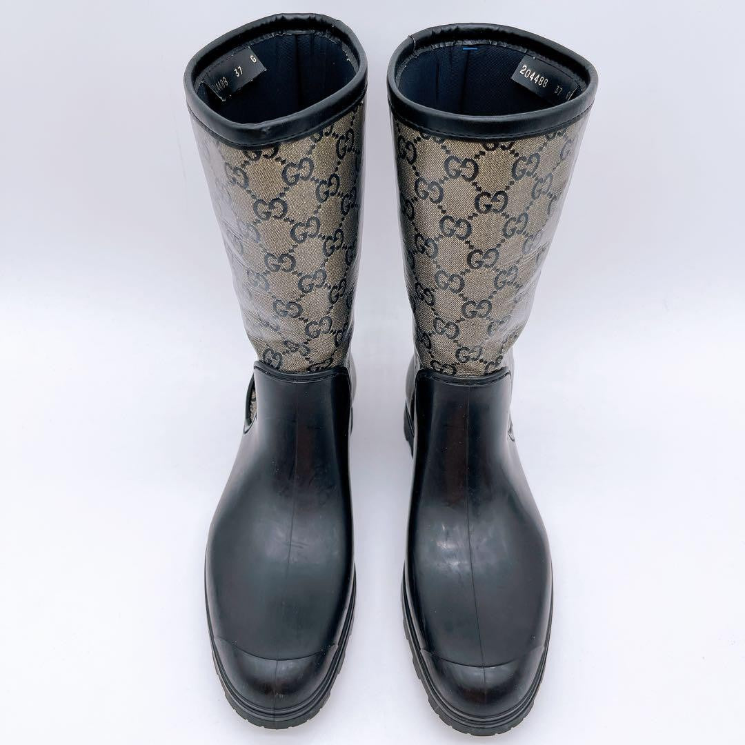 GUCCI Rain Boots Shoes GG Supreme EU 37 US 7 Beige Black Authentic