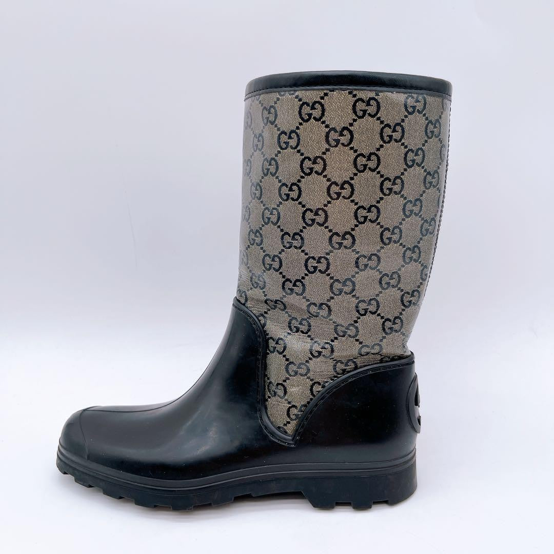 GUCCI Rain Boots Shoes GG Supreme EU 37 US 7 Beige Black Authentic