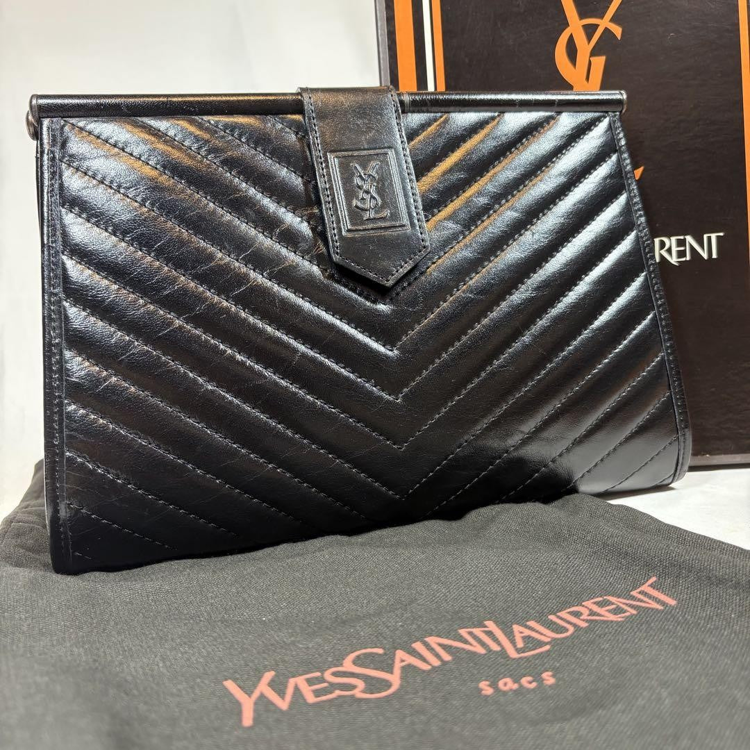 Saint Laurent Clutch Bag Second Bag YSL Cassandra Leather Black Authentic