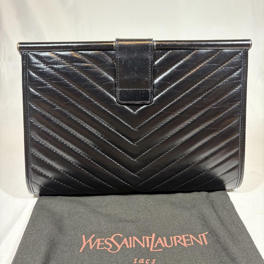 Saint Laurent Clutch Bag Second Bag YSL Cassandra Leather Black Authentic