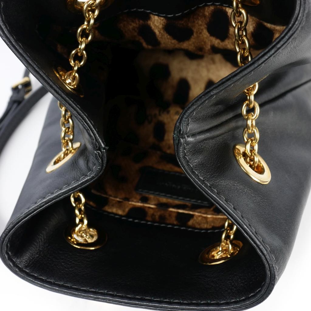 Dolce & Gabbana Shoulder Bag Purse Chain Leopard Leather Black Authentic