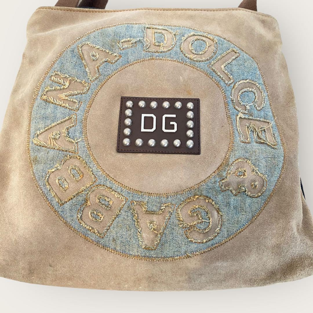 Dolce & Gabbana Shoulder Bag Purse Suede Leather Denim Indigo Beige Authentic