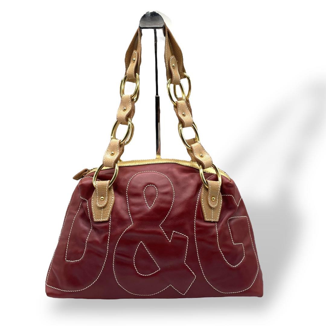 Dolce & Gabbana Shoulder Bag Purse Chain Logo Brown Burgundy Beige Authentic