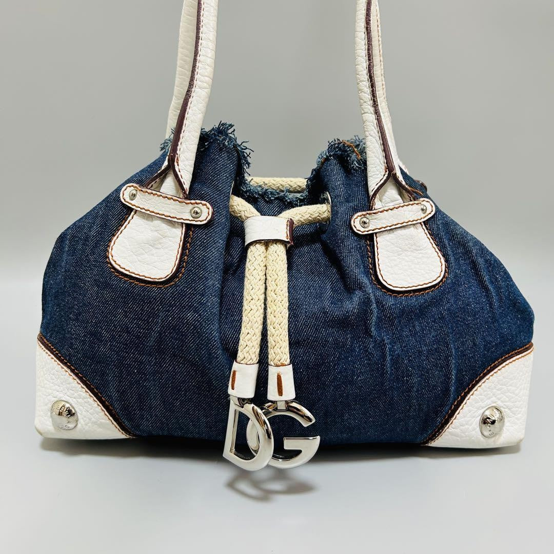 Dolce & Gabbana Hand Bag Tote Purse Denim Leather Blue White Authentic