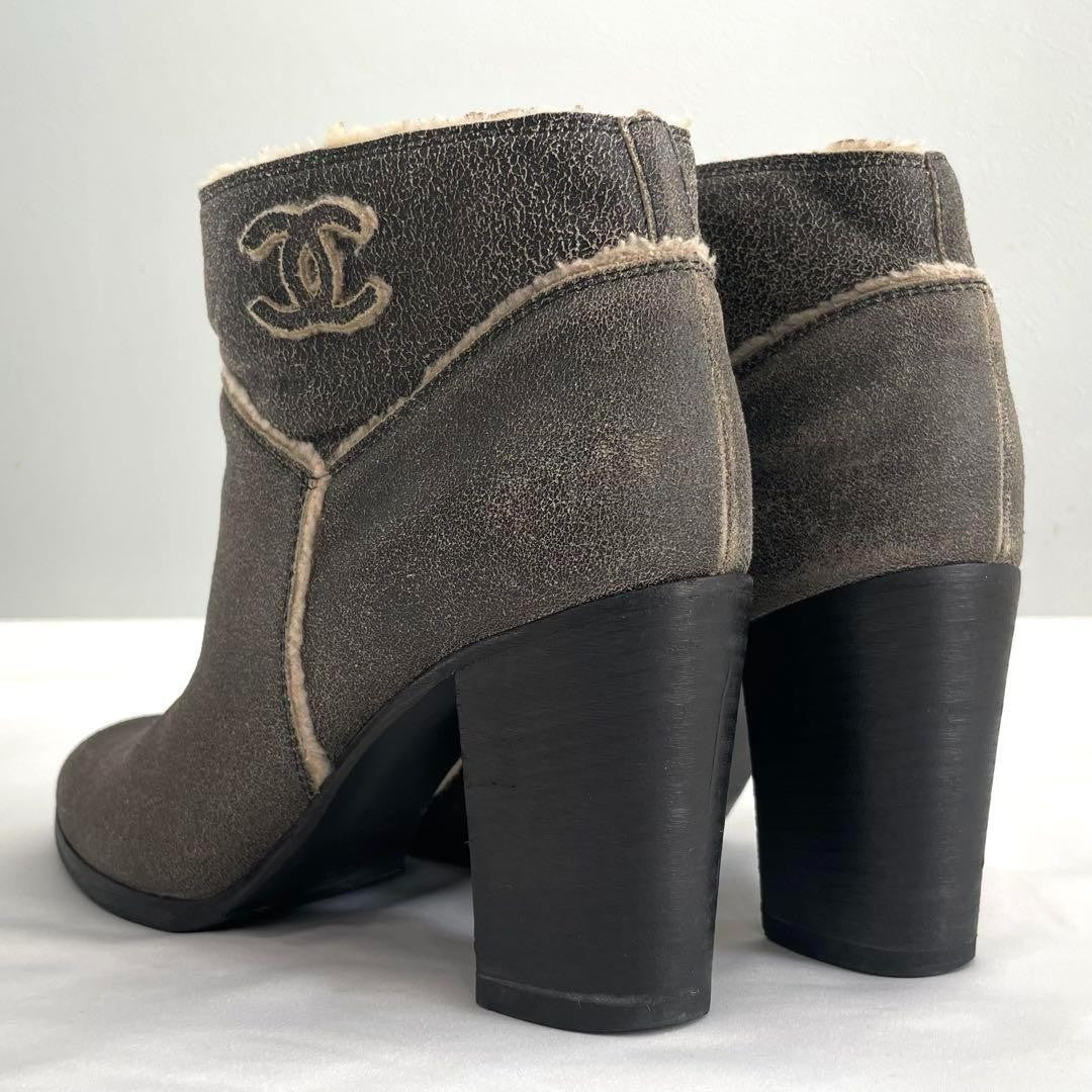 CHANEL Boots Shoes Cocomark EU 37.5 US 7.5 Mouton Leather Gray Authentic