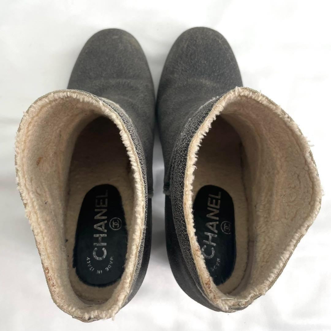 CHANEL Boots Shoes Cocomark EU 37.5 US 7.5 Mouton Leather Gray Authentic
