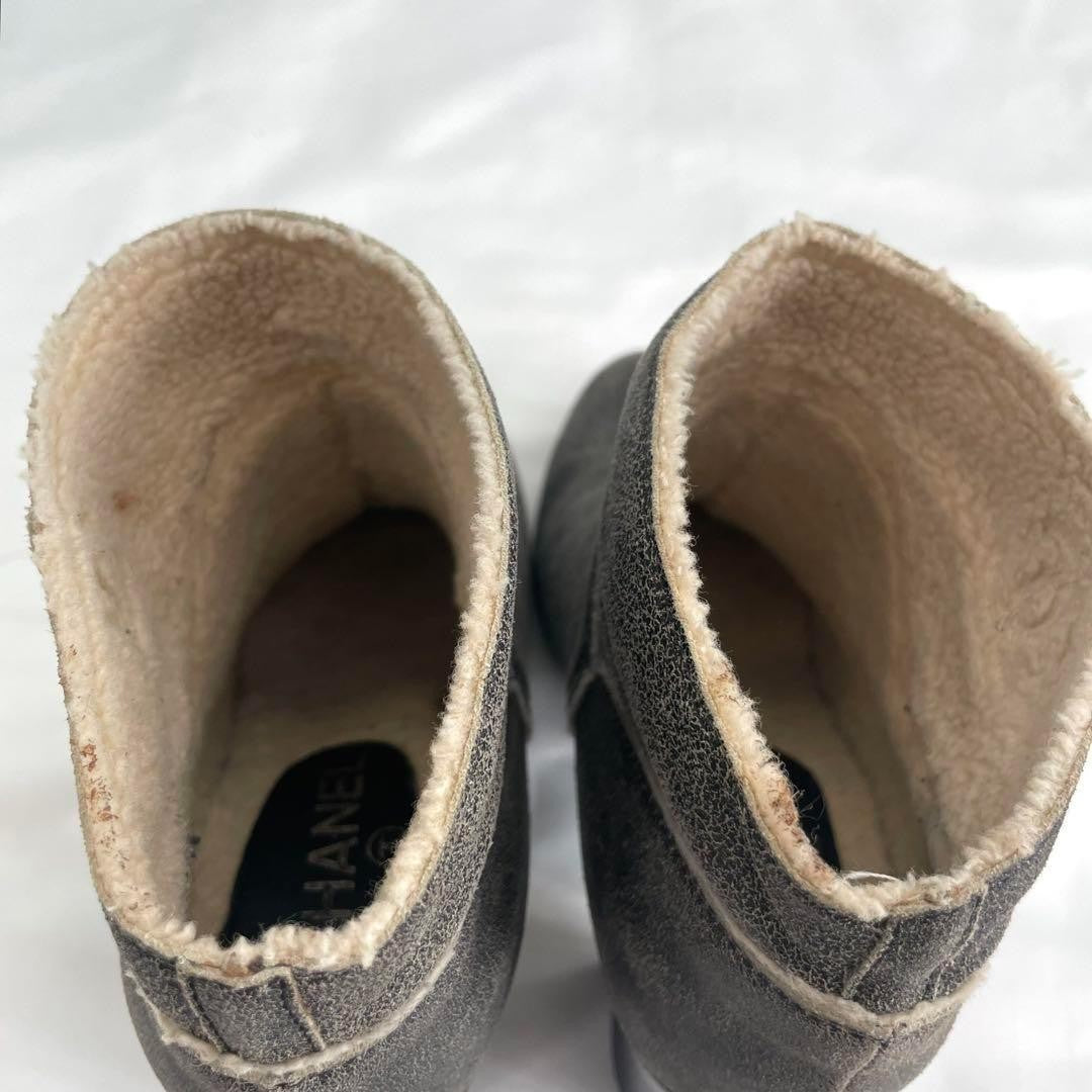 CHANEL Boots Shoes Cocomark EU 37.5 US 7.5 Mouton Leather Gray Authentic