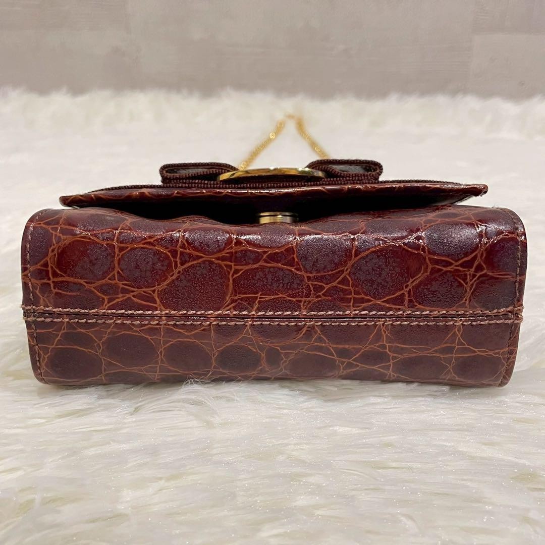 Salvatore Ferragamo Shoulder Bag Purse Chain Vara Ribbon Leather Brown Authentic