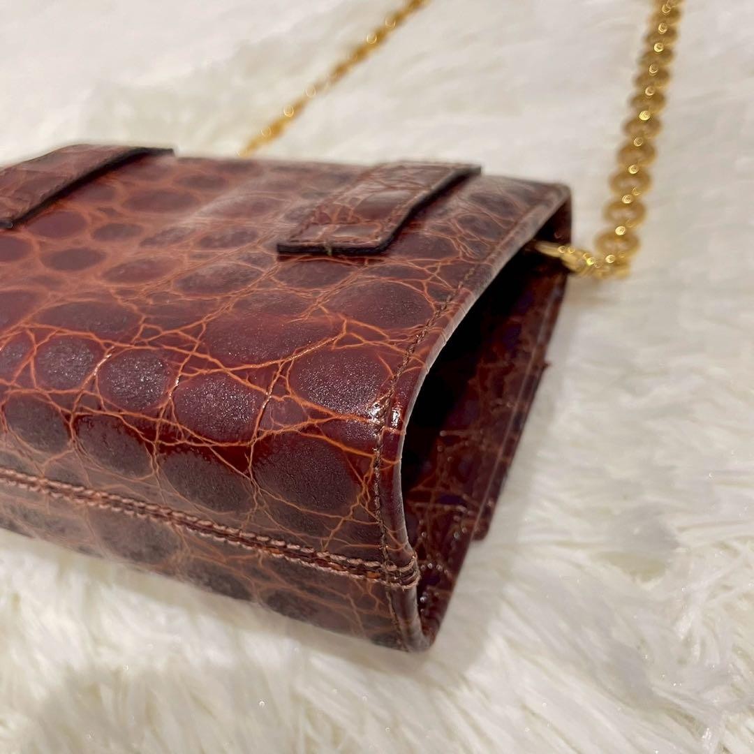 Salvatore Ferragamo Shoulder Bag Purse Chain Vara Ribbon Leather Brown Authentic