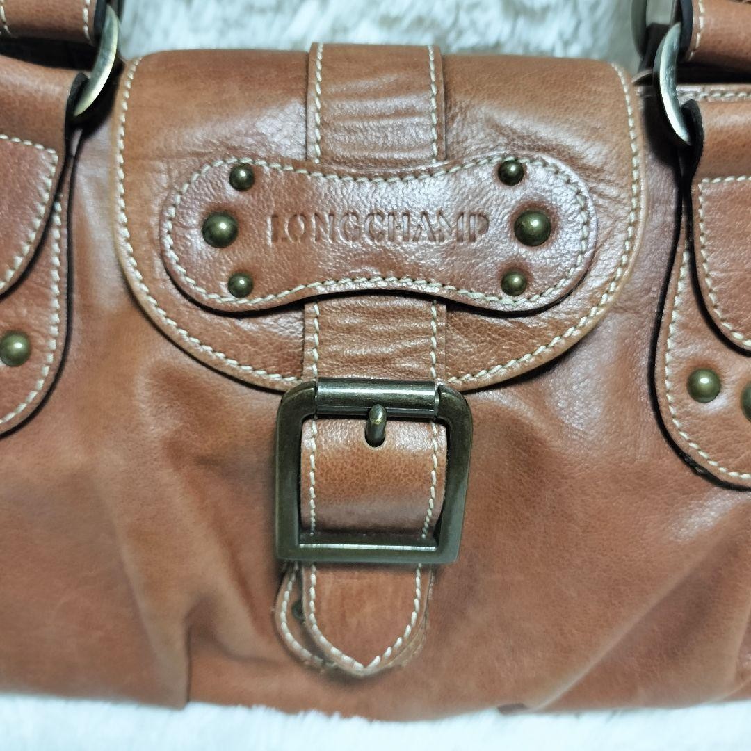 Longchamp Hand Shoulder Bag Tote Purse Leather Brown Authentic