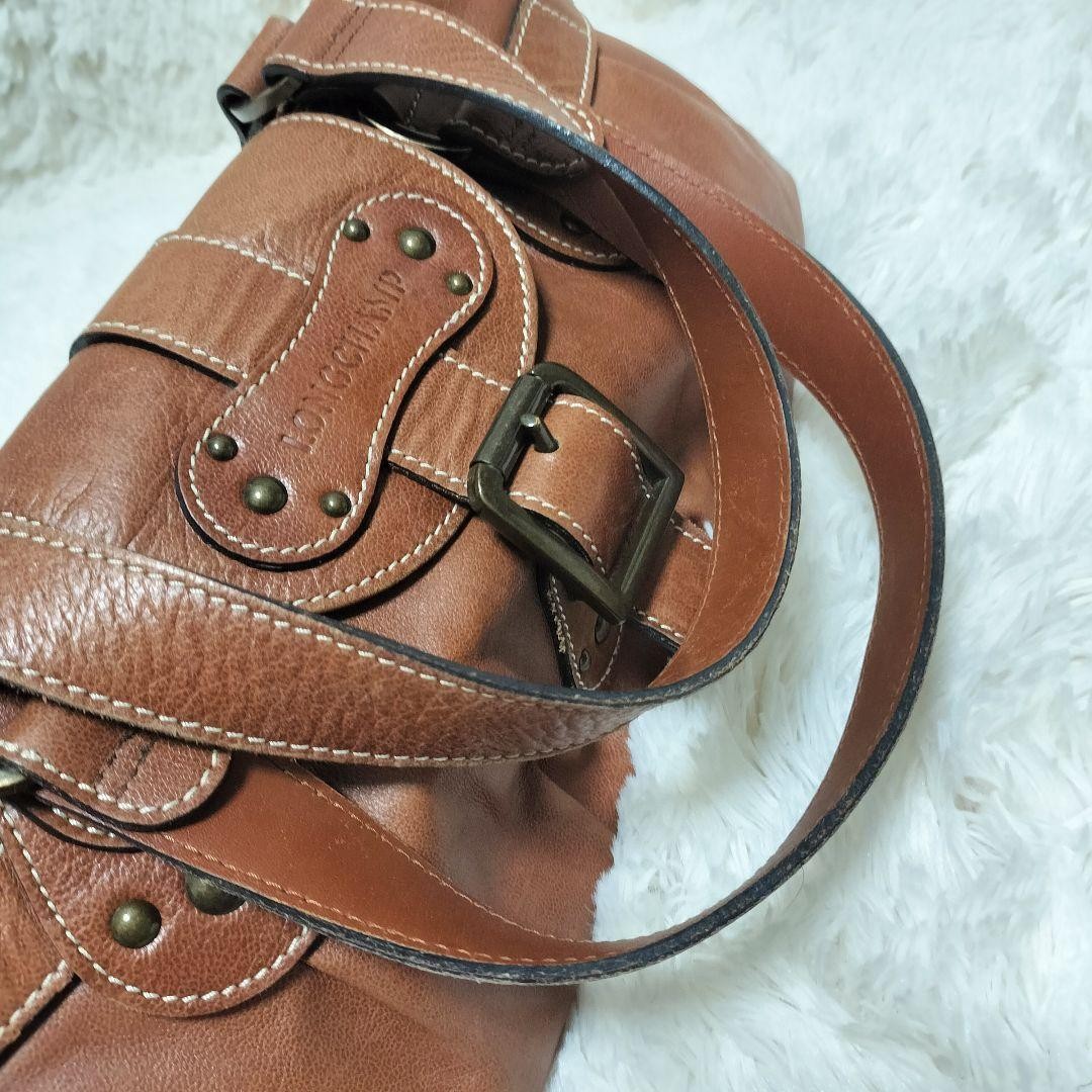 Longchamp Hand Shoulder Bag Tote Purse Leather Brown Authentic