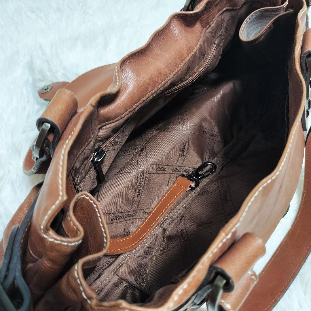 Longchamp Hand Shoulder Bag Tote Purse Leather Brown Authentic