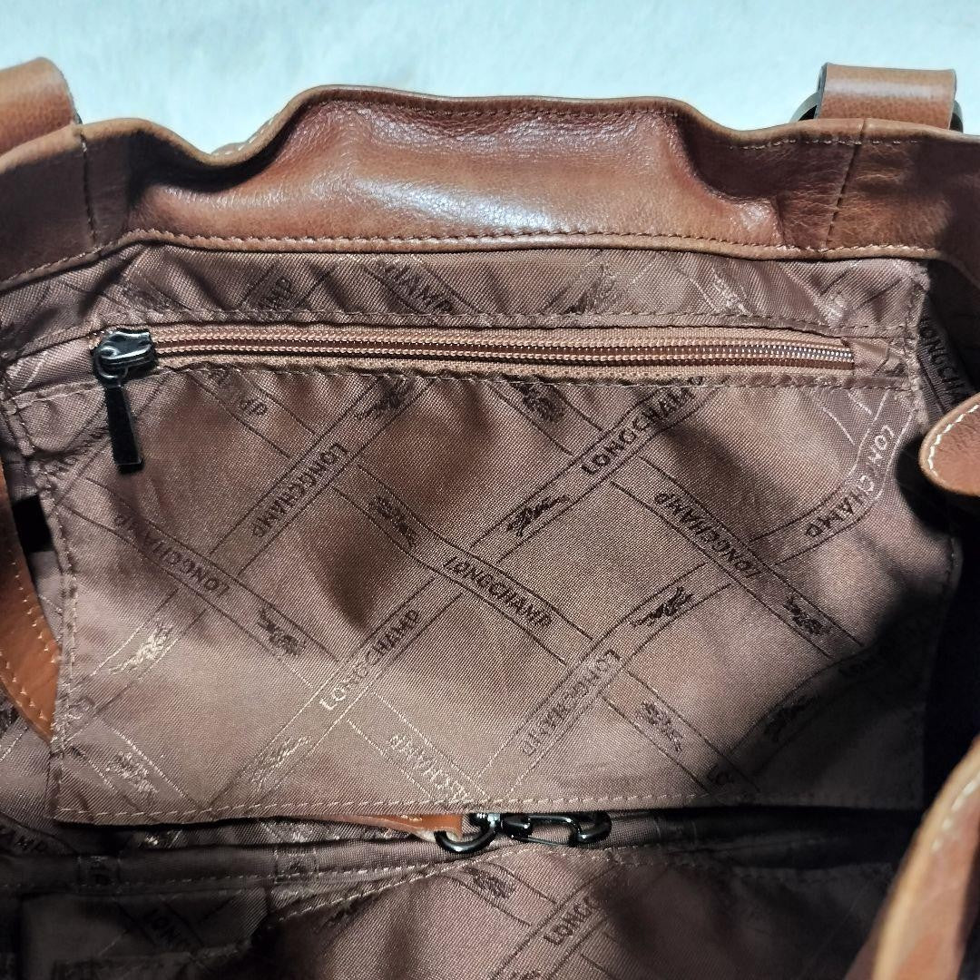 Longchamp Hand Shoulder Bag Tote Purse Leather Brown Authentic