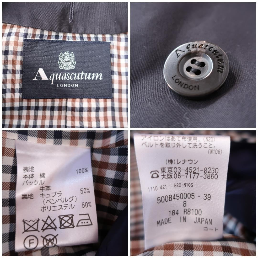 Aquascutum Trench Coat Club Check Asian fit M US size S Black Dark Navy Auth
