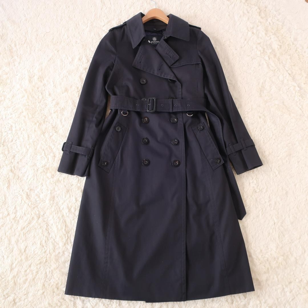 Aquascutum Trench Coat Club Check Asian fit M US size S Black Dark Navy Auth
