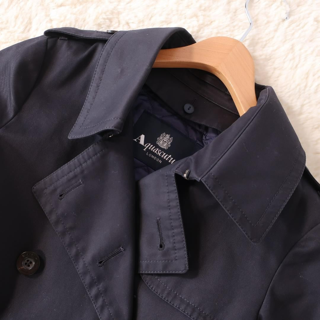 Aquascutum Trench Coat Club Check Asian fit M US size S Black Dark Navy Auth