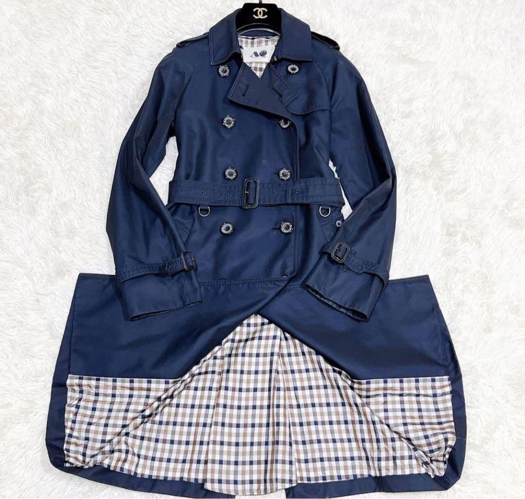Aquascutum Trench Coat Club Check Asian fit S US size XS Navy Authentic