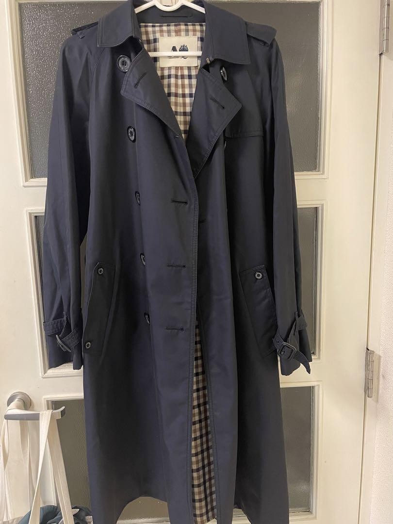 Aquascutum Trench Coat Club Check Asian fit S US size XS Navy Authentic